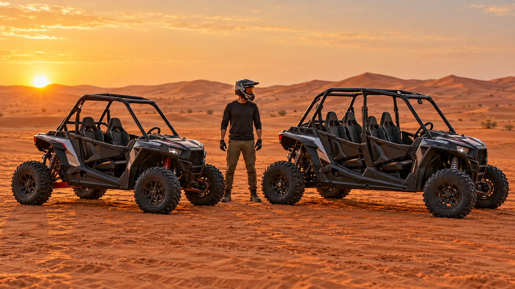 Dune Buggy Dubai Dune Buggy Dubai tour with a helmeted rider standing between two-seat and four-seat buggies at sunset.