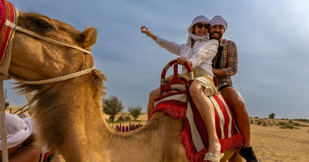 evening desert safari with camel rides across golden desert dunes in Dubai