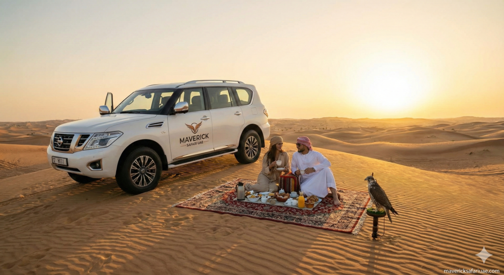 SUV on golden sand dunes during a private desert safari in Dubai